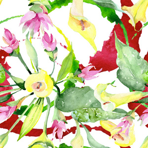 花束植物花。水彩背景插图集。无缝背景图案。