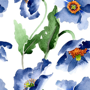蓝色花植物花。水彩背景插图集。无缝背景图案。