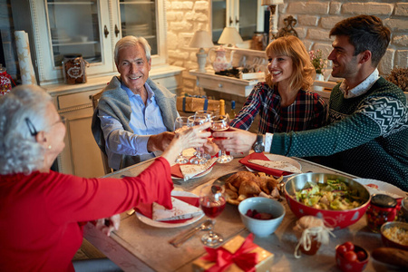 Generation family celebrate Christmas at home drinking red wine 