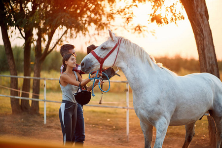  Woman and man with  horse in evening sunset 