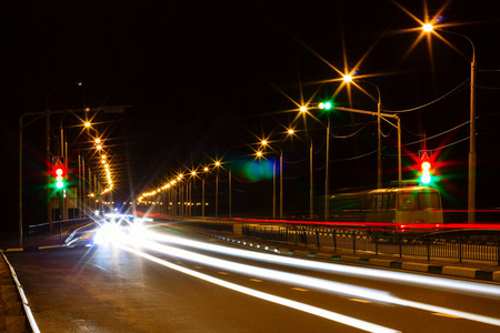 moving car with blur light through city 