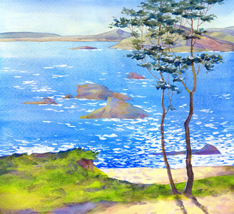 水彩风景画.海上晴天照片