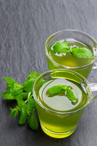 Green mint tea in clear glass cups on black stone background 