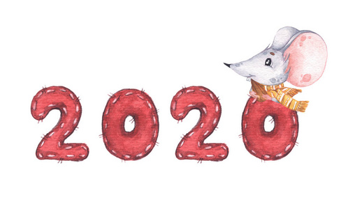 祝你2020年春节快乐，有小老鼠和葵花籽。水彩插图。