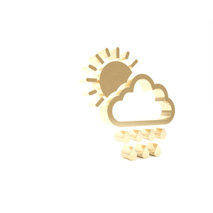 金色云彩，白色背景上有独立的雨和太阳图标。雨云降水伴随着雨滴。三维插图三维渲染
