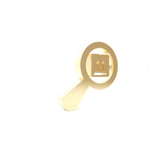 金色搜索包图标隔离在白色背景上。包裹追踪符号。放大镜和纸板箱。物流和交付。三维插图三维渲染