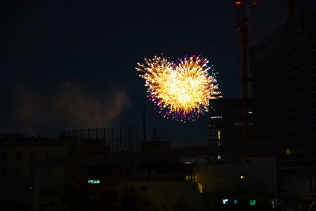 夏夜东京城市大厦附近的烟花图片