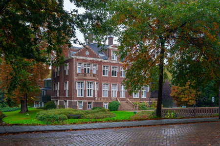 美丽的房子在鹿特丹城市公园的秋天，净