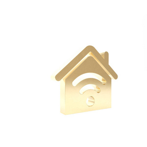 金色智能家居，白色背景上独立的wifi图标。远程控制。三维插图三维渲染