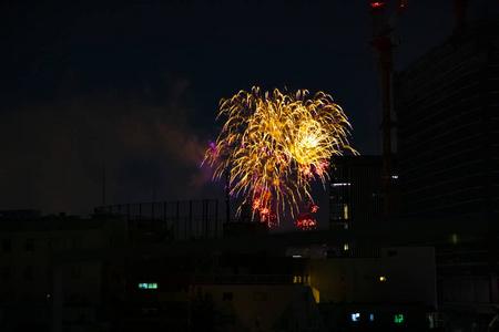 夏夜东京城市大厦附近的烟花