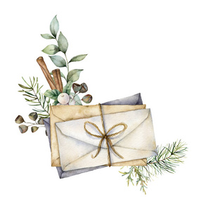 手绘信封,桉树枝和肉桂隔离在白色背景.