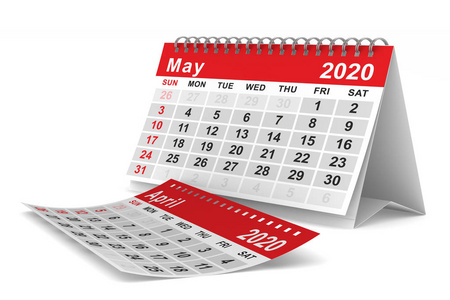 2020年。五月的日历。独立三维插图