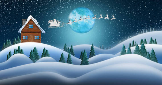 Santa Clause and Reindeers Sleighing Through Christmas Night Ove