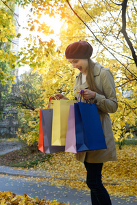 惊讶的年轻女人购物狂与五颜六色的包。背景是秋叶