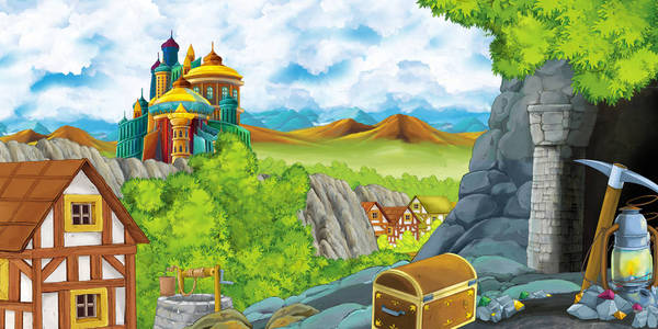 卡通场景与王国城堡和山谷附近的森林和农场村庄定居和采矿洞穴插图儿童