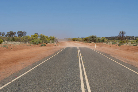 澳大利亚内陆的一条高速公路在沙漠尽头照片