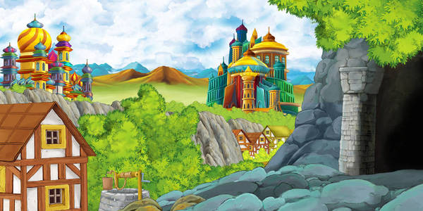 卡通场景与王国城堡和山谷附近的森林和农场村庄定居和采矿洞穴插图