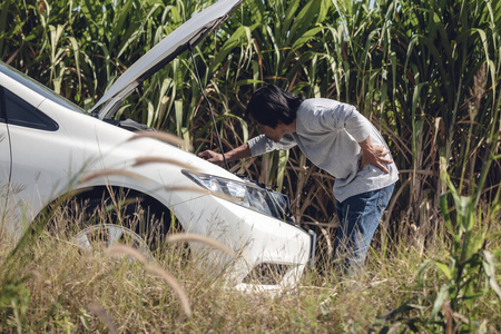 driver near emergency broken car on road. 