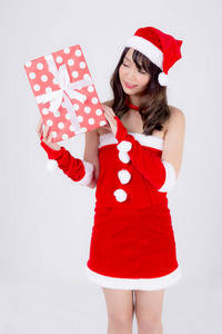 Beautiful portrait young asian woman happy holding red gift box 