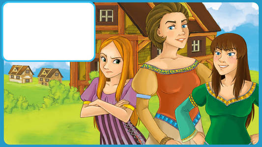 卡通场景与妇女在一些木制房子附近的文本插图儿童