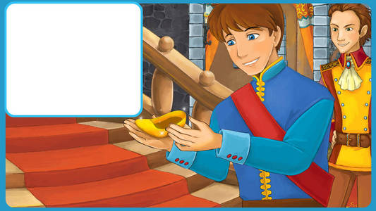 与王子或国王在城堡房间的快乐卡通场景与框架文字插图为儿童