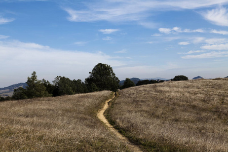 Dirt Trail On Hill Top With Blue Sky And White Clouds 