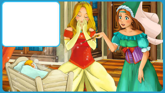 卡通童话场景与公主在城堡框架文字插图为儿童