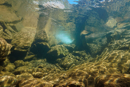 岩石溪流中的水下景观照片