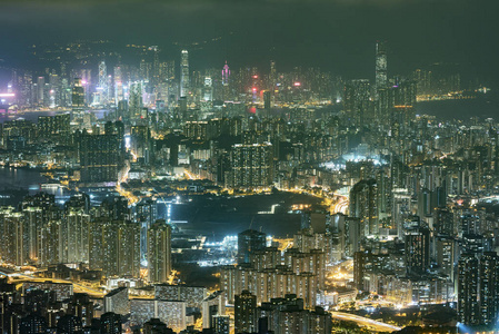 Night secne of aerial view of Hong Kong city 