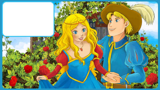 有英俊王子和美丽公主的卡通场景带框架的文本插图为孩子们