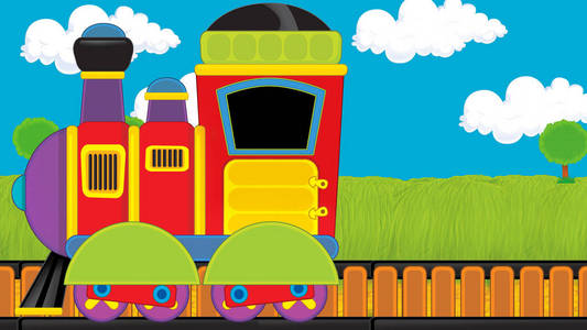 啮齿动物的轨道卡通有趣的蒸汽火车穿过草地-儿童插图照片