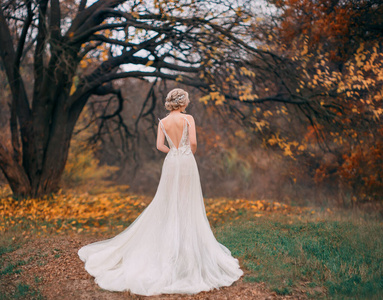 young woman in long tulle lace white dress posing in fantasy aut