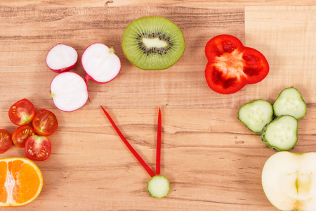 时钟形状的水果和蔬菜，显示健康饮食的时间，含维生素