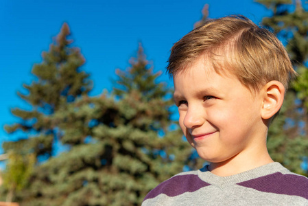 一个男孩在街上的画像，在蓝天和绿色圣诞树的映衬下望向侧面。