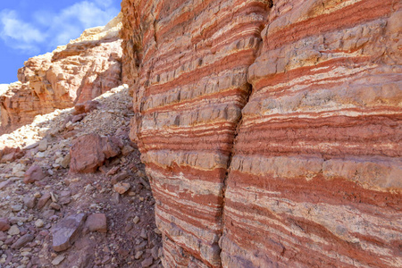 有多种颜色的岩石层的崩塌的山的表面。以色列红峡谷