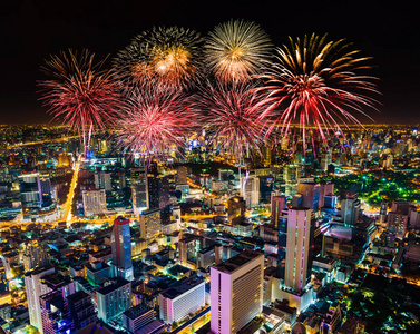 泰国曼谷夜景烟花庆祝