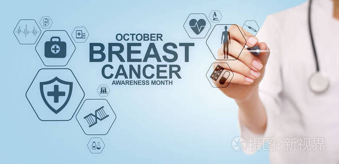 乳腺癌宣传月10月。屏幕上的医疗保健概念。