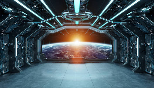 深蓝色太空船的未来派内饰,平面上有窗户照片