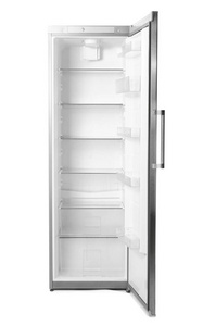 Empty modern fridge on white background