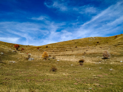 在一个美丽庄严祥和的秋日里，绿色的草地和小山在山间漫步，作为墙纸