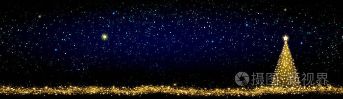 金色圣诞树孤立在星空背景下。