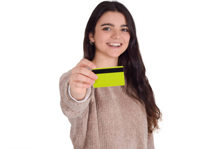 Woman holding credit card. 