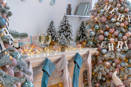 Closeup of white living room with big windows and Christmas New 