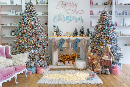 Interior of white lving room with big windows and Christmas New 