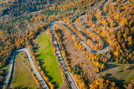 Beautiful aerial landscape of mountain forest road. Aerial view 