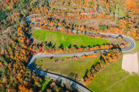 Beautiful aerial landscape of mountain forest road. Aerial view 