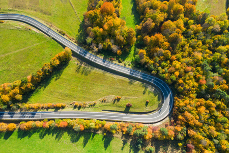 Beautiful aerial landscape of mountain forest road. Aerial view 