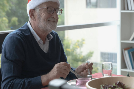 portrait of happy senior man elderly grandfather wear Christmas 
