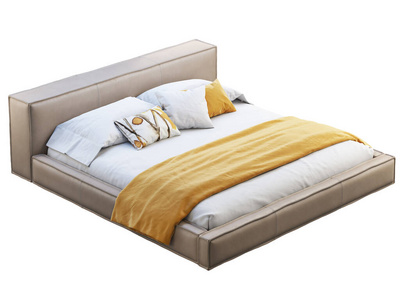 阁楼棕色皮革平台床，配有床单和毯子。三维渲染