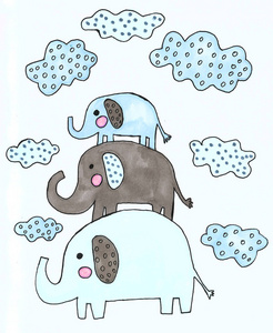手绘水彩画可爱的大象和云集。卡通儿童插画